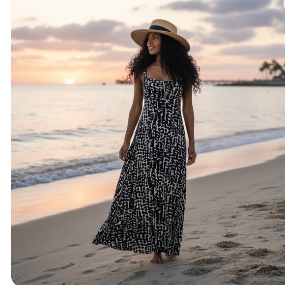 New H&M Black/White Divided Animal Print Stretchable Sweetheart Maxi Dress Sz/4 - Picture 1 of 8